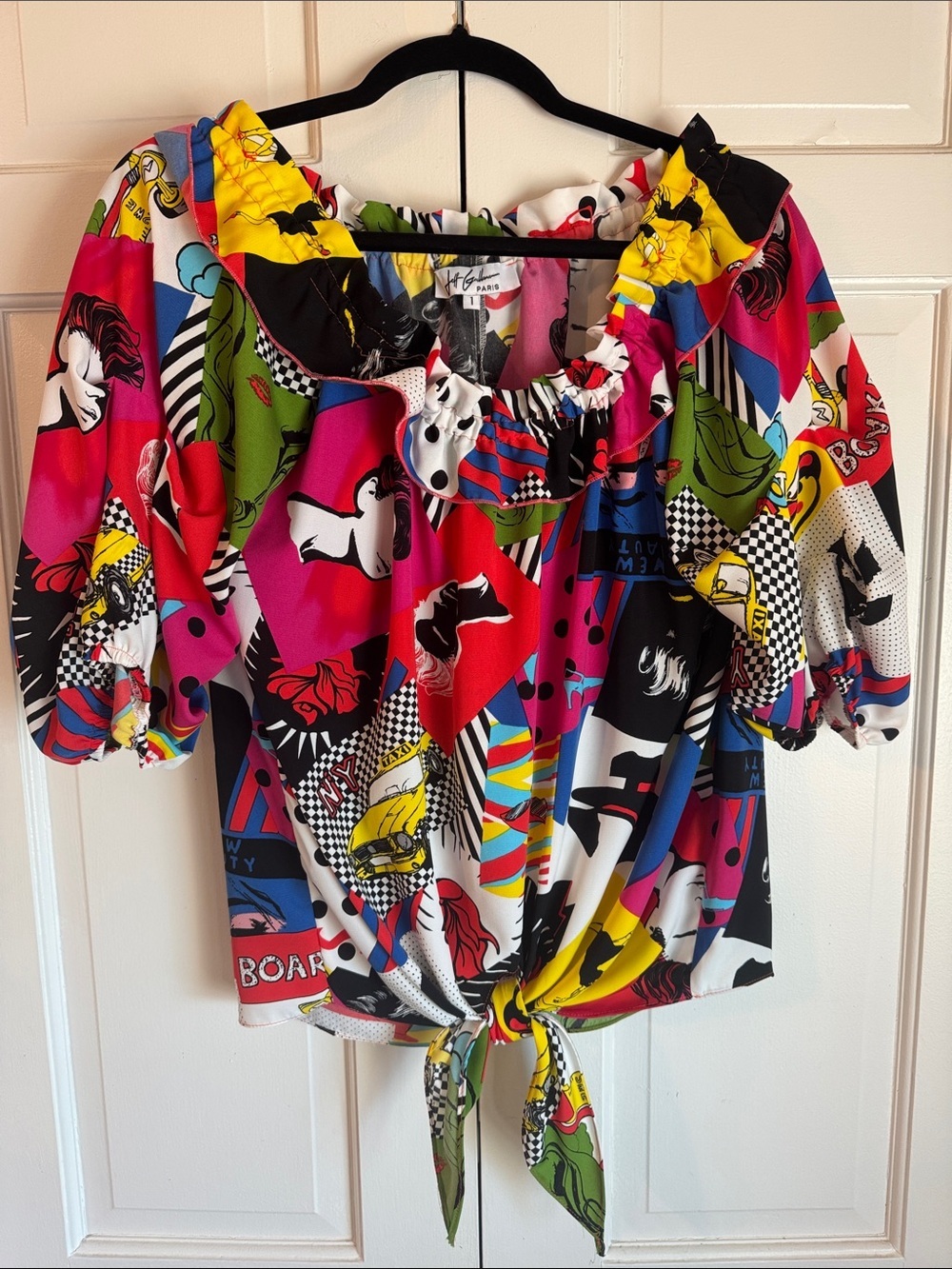 NWOT Vintage Jeff Gallano Paris Graphic Pop Art Blouse w/ Ruffle Off/On Shoulder